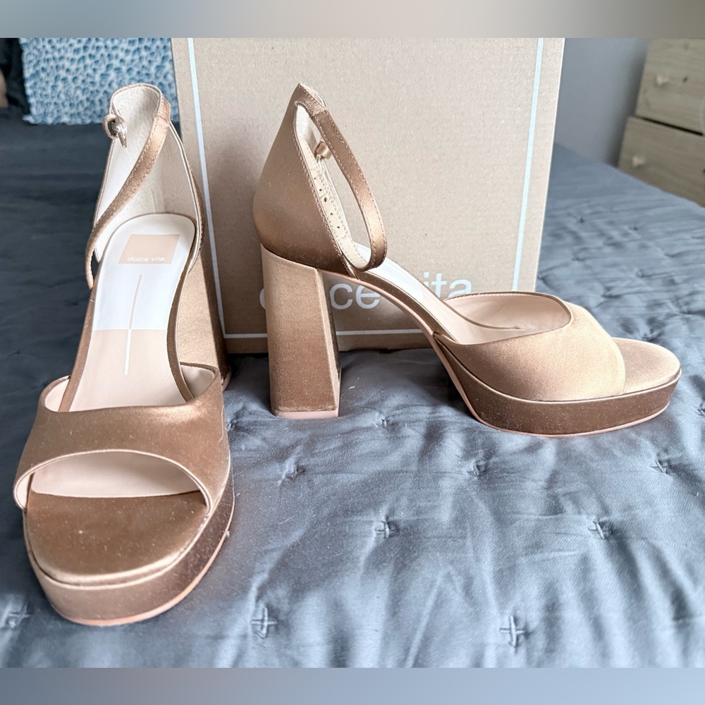 Dolce Vita Metallic Bronze Satin Platform Ankle-Strap Heels